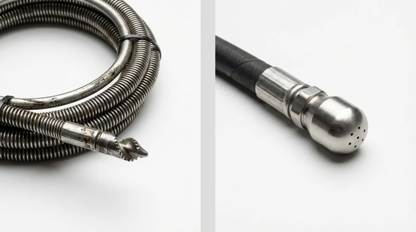 Drain snake cable and hydro jetting nozzle used for drain cleaning in Spring Grove, MN